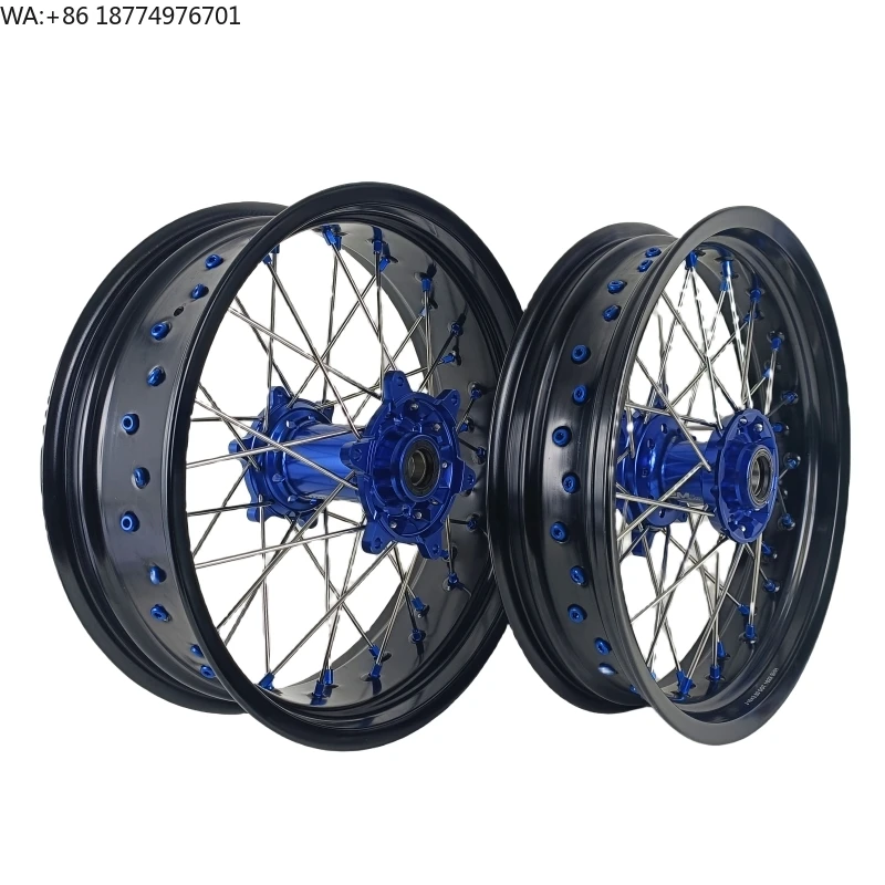 

Motorcycle 17 Inch Supermoto Alloy Wheels Rims Set Fit YAMAHA WR250X 2007-2022 Blue CNC Machined Hub Black Rim