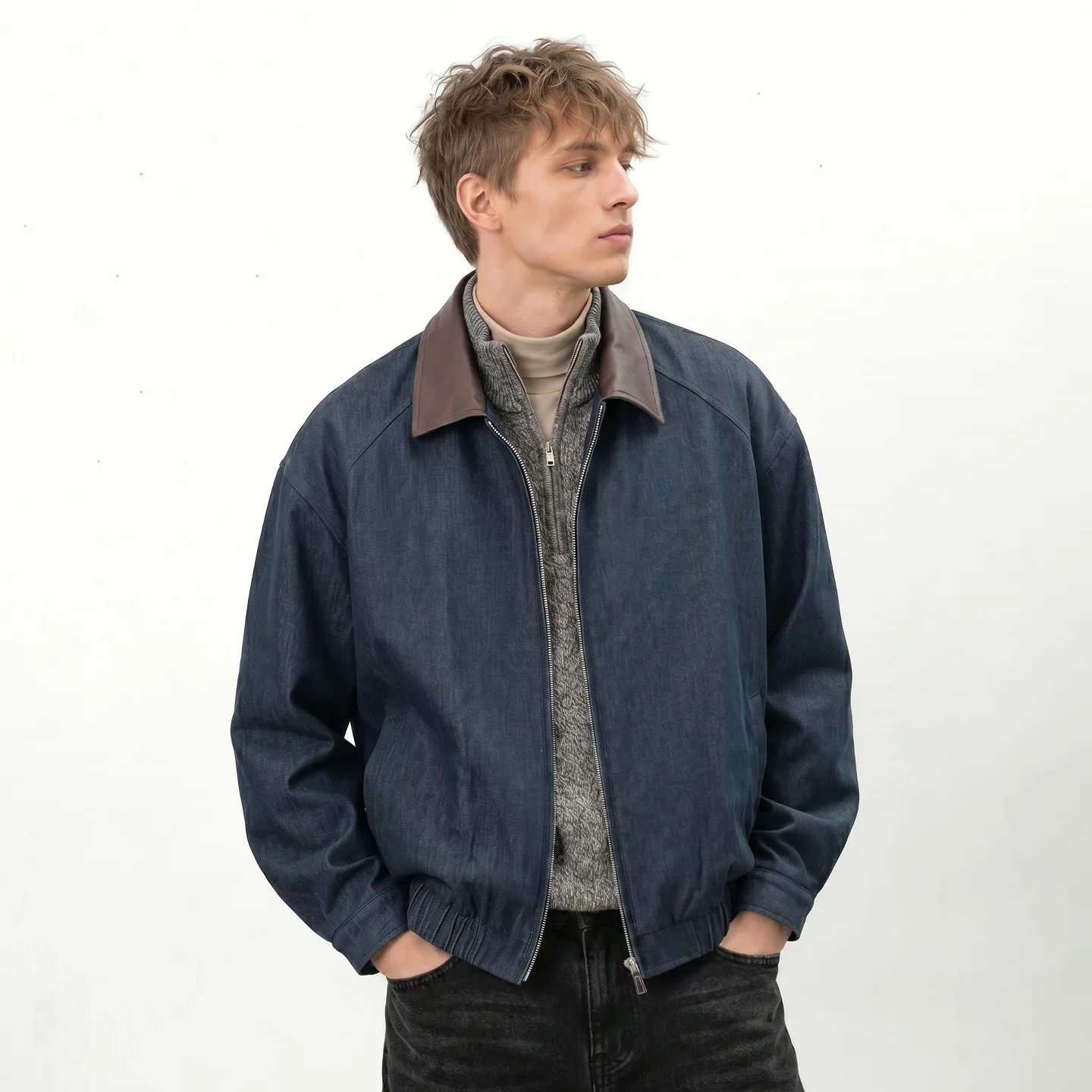 Retro old money imitation denim jacket men's autumn contrasting color splicing PU collar trendy brand short wide casual jacket