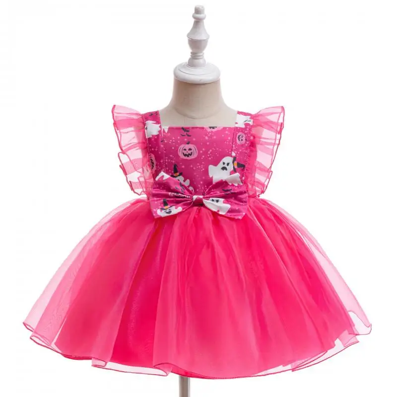 Christmas and Halloween New Rose Red Pumpkin Cartoon Printed Bow Sweet and Cute Flying Sleeve Party Cosplay Dress