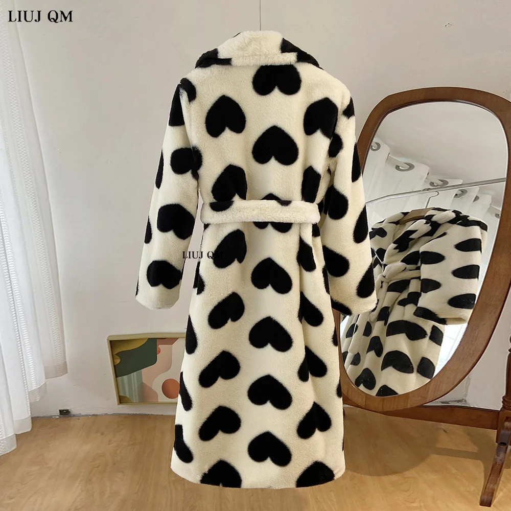 5XL Large Size Love Print Women Winter Faux Fur Coat Warm Thick Long Parka Lapel Plush Jacket Female With Belt Casaco Feminino