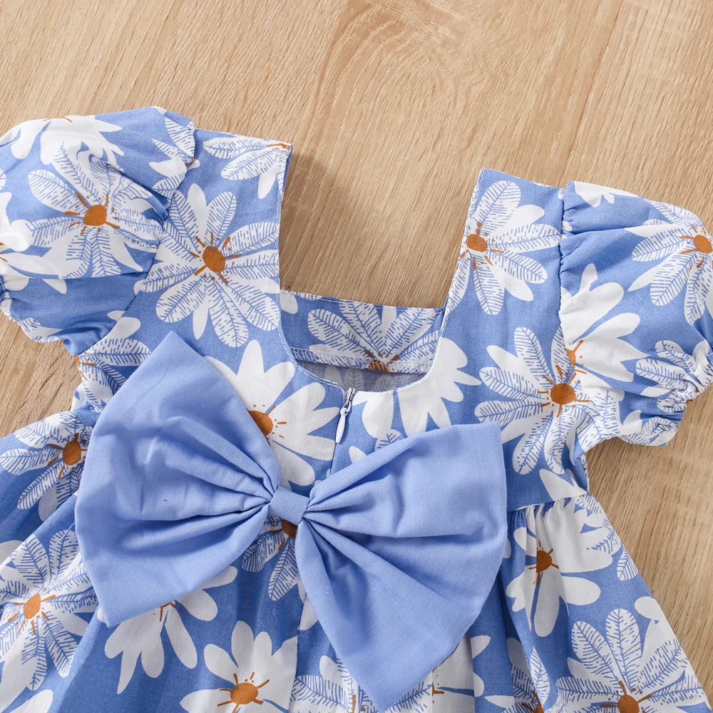 Baby Girl Dress Summer Beautiful Western Style Flower Girl Dress Bow Bubble Sleeve Dress (0-3 Years Old)