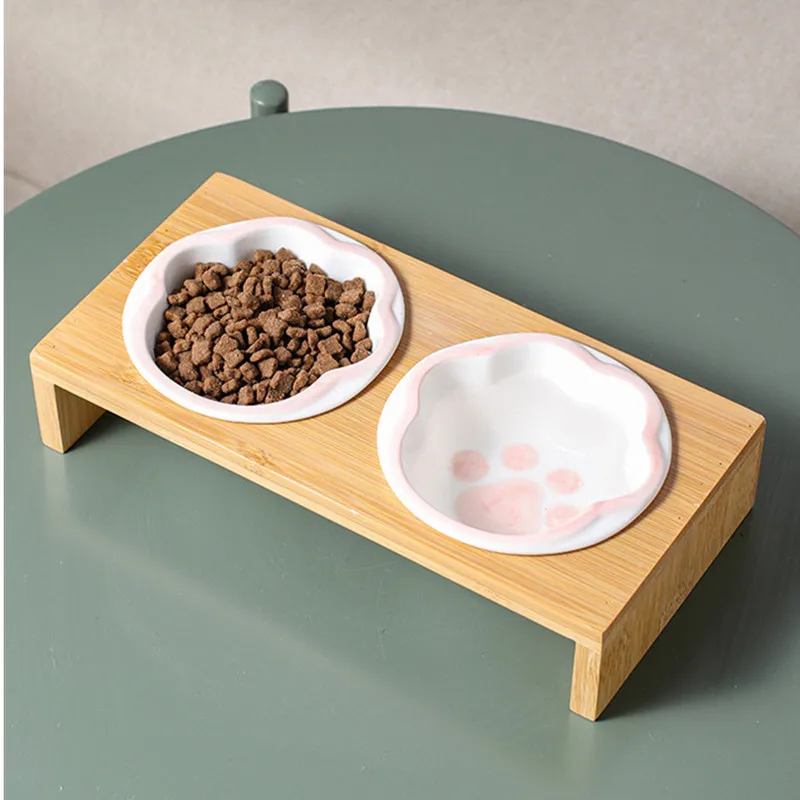 Fashion Cartoon Paw Design Pet Bowls Raised Dog Cat Feeder Solid Wooden Stand Ceramic Food Feeding Bowl Cats Puppy Accessories