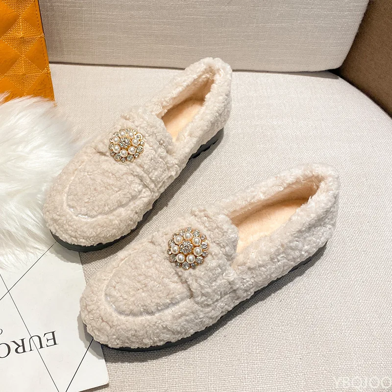 Winter High Quality Lamb Wool Keep Warm Women\'s Shoes Pearl Flowers Slip-on Loafers Solid Color Fluffy Flat Women Casual Shoes