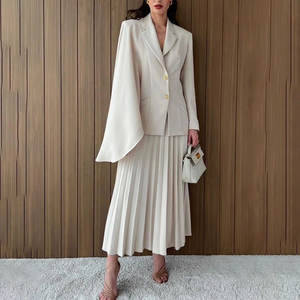 VGH Elegant Two Piece Sets For Women Notched Collar Long Sleeve Blazers High Waist A Line Long Skirts Solid Casual Set Female