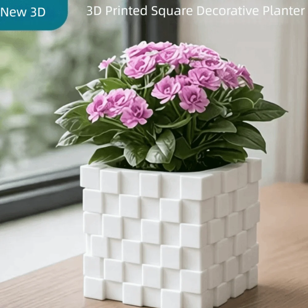 Ornaments 3D Printed Cube Flower Pot Creative Vase Modern Geometric Planter Building Block Style Home Decoration Window Sill