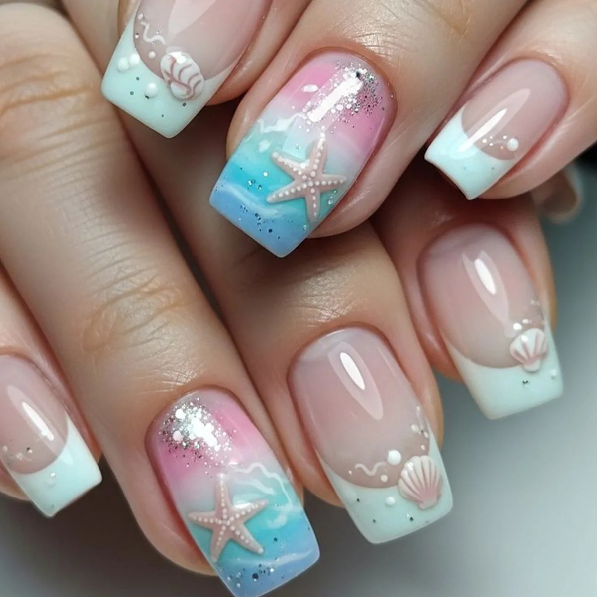 

24Pcs Summer Ocean Style Press on Nails White French Gradient Square False Nails Shell Starfish Shiny Powder Reusable Fake Nails