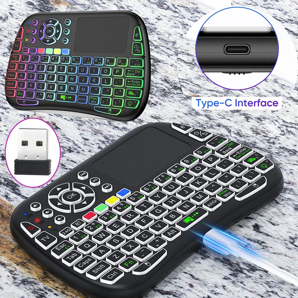 2.4G/Bluetooth-compatible Air Mouse Keyboard Type C Rechargeable Mini Wireless Keyboard Learn Exclusive Keys for Android Windows