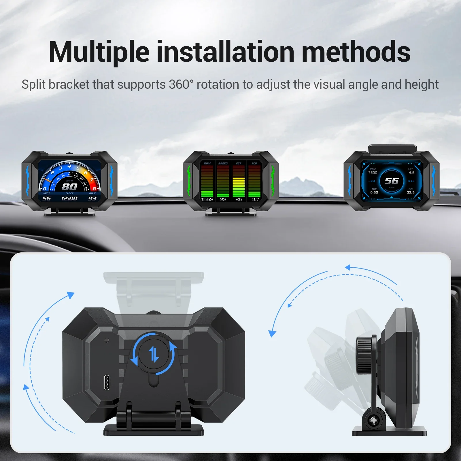 New P25 HUD OBD + GPS Car Head Up Display on Board Computer Speed Water Temp Fuel Slope Meter Multi-function OBD LCD instrument