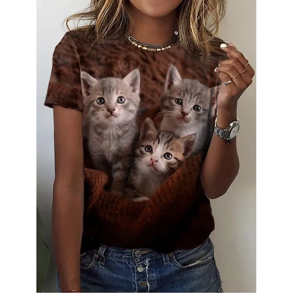 2024 New Fashion Women\'s T-shirt 3D Cute Kitten Print Short Sleeve Top Harajuku Animal Pattern Short Sleeve Street T-shirt Loose