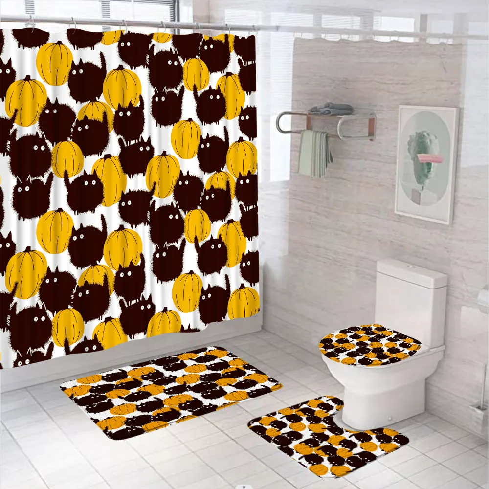 4Pc Cute Black Cat Shower Curtain Set Halloween Pumpkin Fabric Screen Non-Slip Rug Toilet Lid Cover Bath Mat Bathroom Decor Home