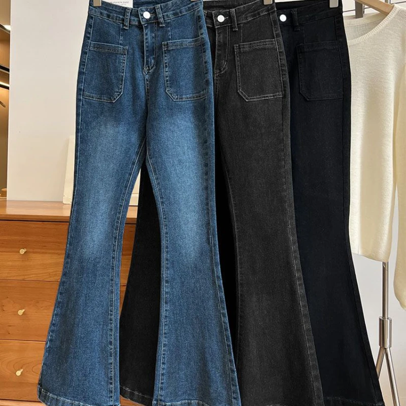 Nieuwe hoge taille broek losse gewassen jeans zakken slanke denim flare klassieke dames vintage stretch rechte broek all-match