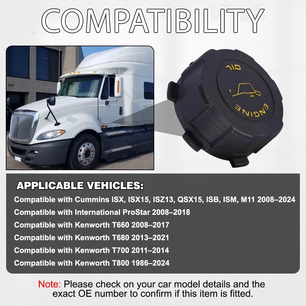 

Engine Oil Fill Cap 3104375 for Cummins ISX Kenworth T660 T800 Peterbilt 367 389 579 Volvo VNL 670 Gen 2