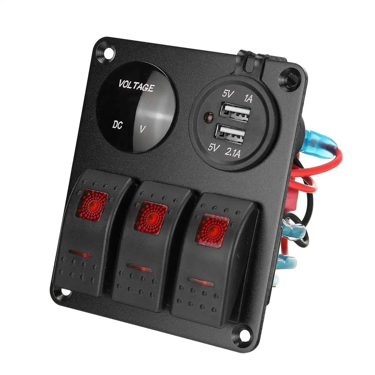 Marine Boat Car RV LED 3 Gang Rocker Toggle Switch Control Panel 12V With 3.1A Dual USB Charger And Digital Display Voltmeter