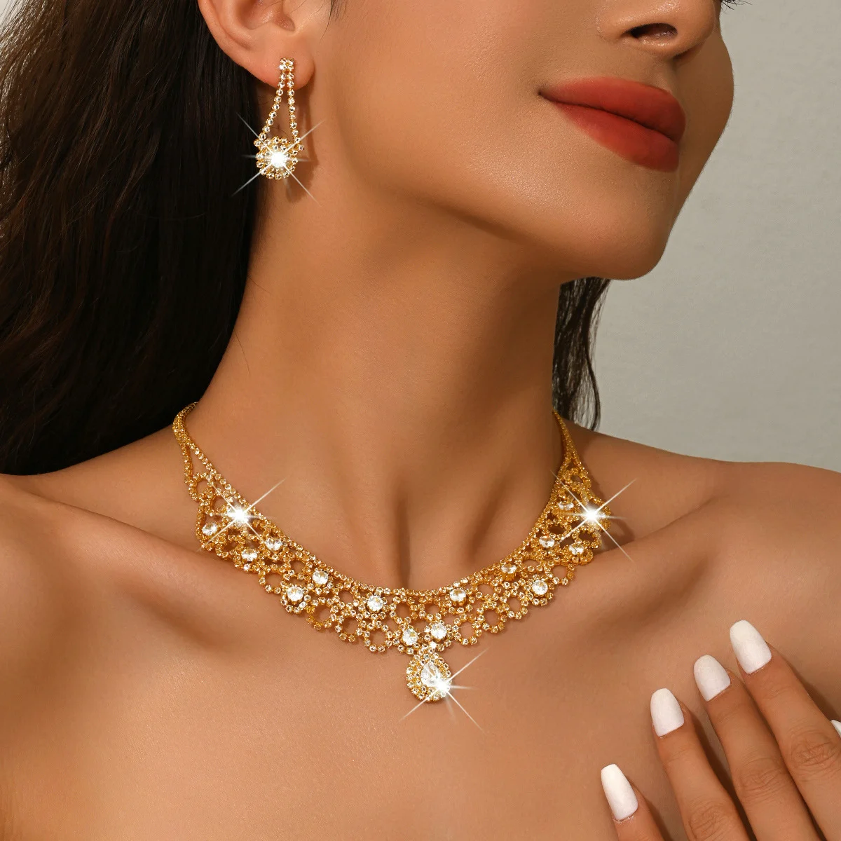 Luxury Gold Crystal Bridal Jewelry Set, Sparkling Rhinestone Choker Necklace & Drop Earrings for Wedding Prom Party