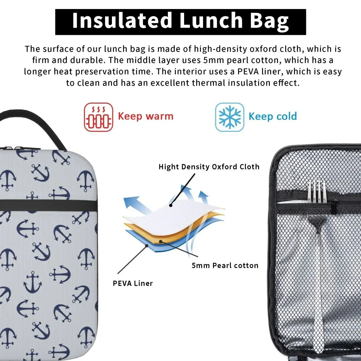 Maritime Pattern Of Blue Anchors On Light Gray Insulated Lunch Bag for Women Children Portable Food Boxes Thermal Lunch Box Tote