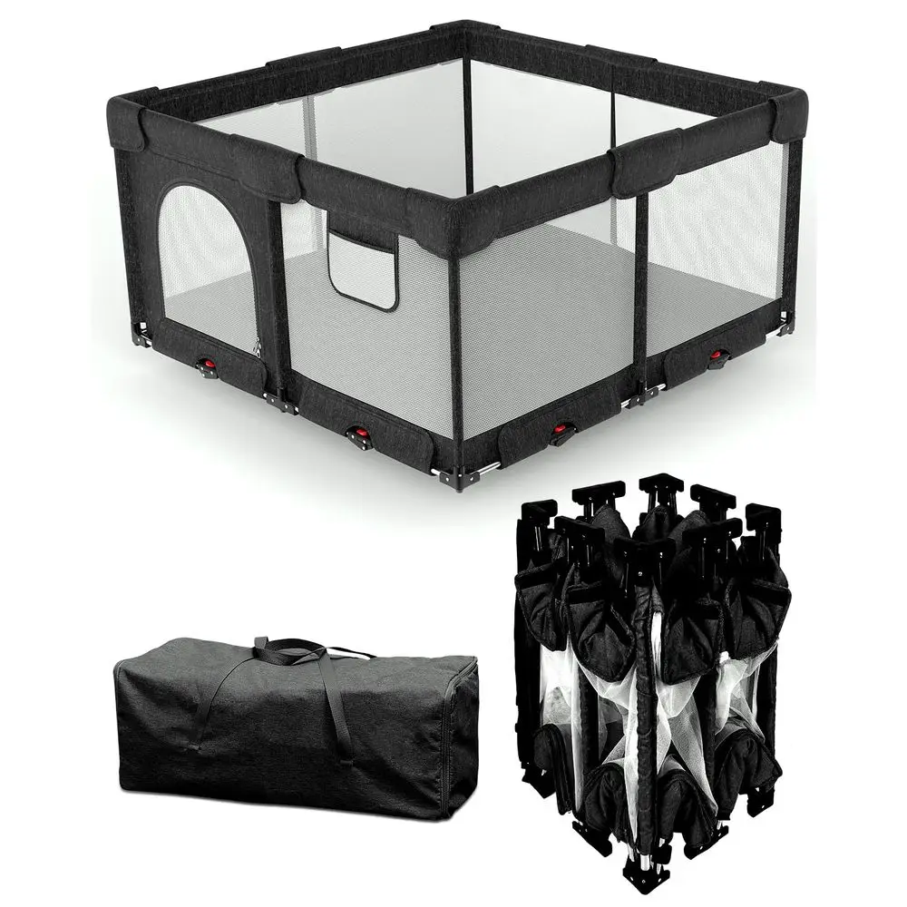 耐久性のあるマット付きのポータブルベビーサークル、折りたたみ式で大型、小さなお子様向けの旅行に便利なサークル（ブラック、51x51）