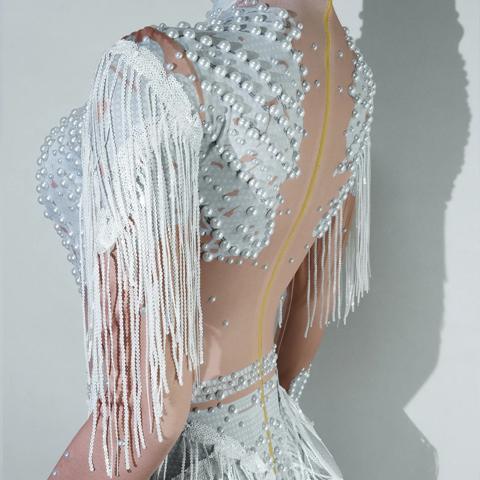 New White Pearl Fringes Bodysuit Red Rhinestone Sequin Tassel Birthday Party Nightclub Dance Stage Performance Costume Outfit