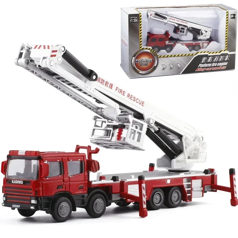 New 40cm Simulation 1:50 Alloy stretchable ladder fire truck platform fire engine model 360 Degrees rotation rescue car toy gift