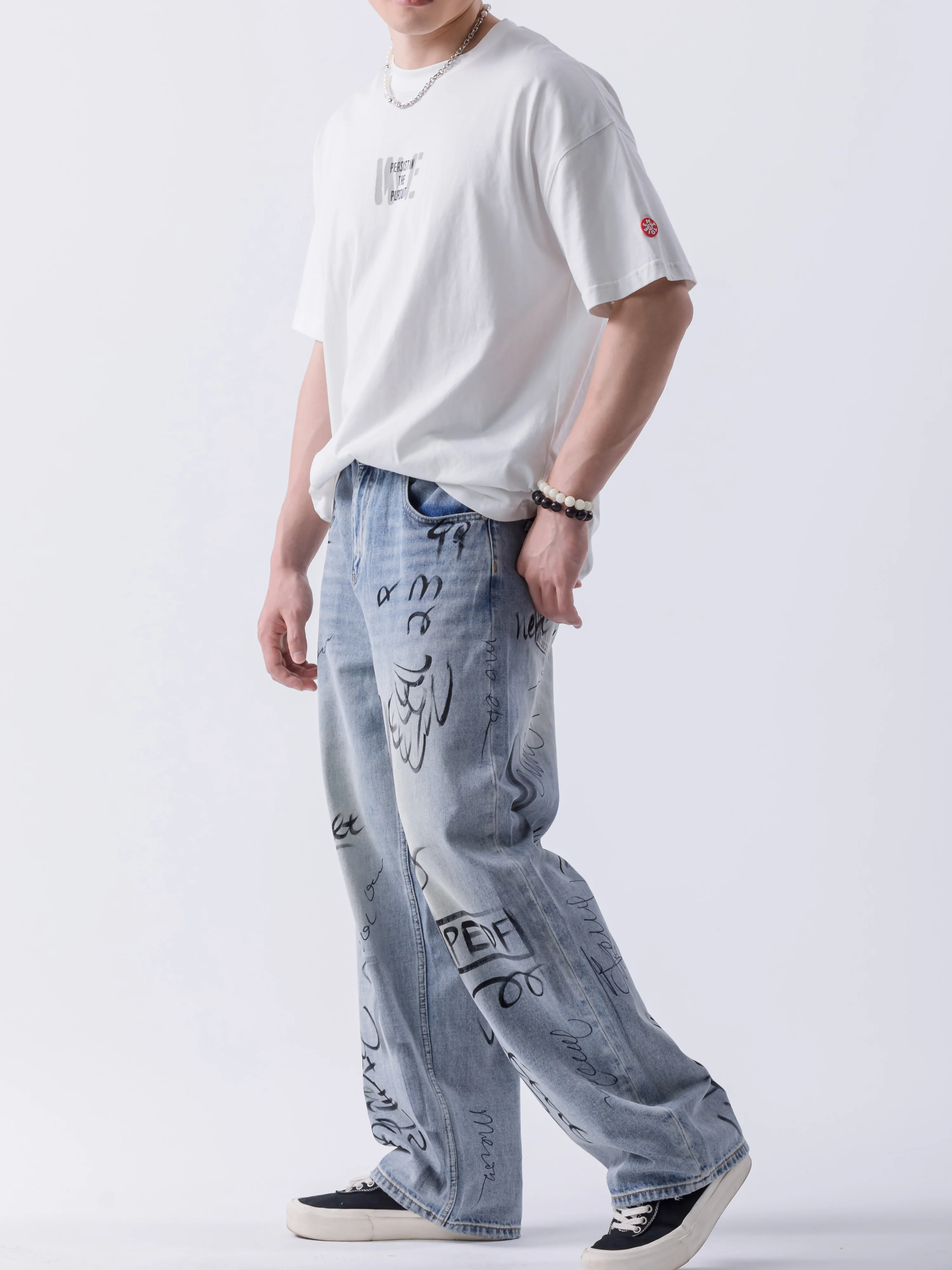 Hand-drawn Pattern Graffiti Pants Hip Pop Wide Leg Pants Trousers Long Pants High Street Oversize Denim Baggy Jean for Men