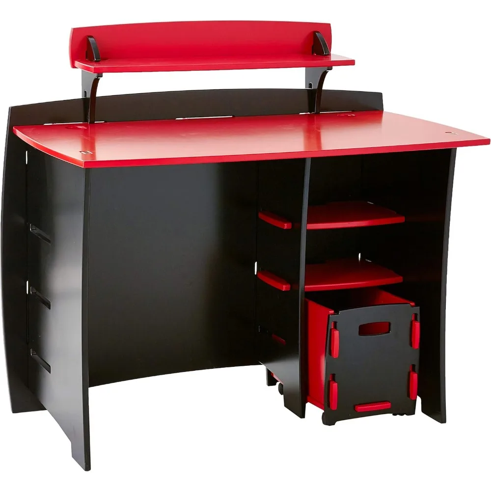 Furniture Children's Desk with Shelves and File Cart Set for Kids, Red and Black