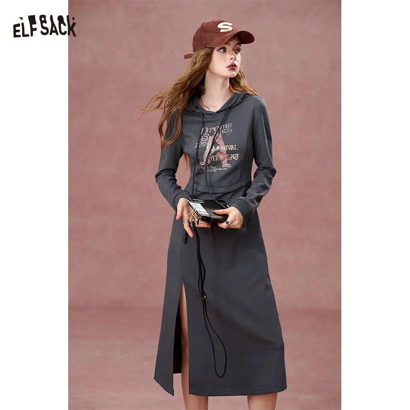 ELFSACK 2024 Autumn New Arrivals Hooded printed long sleeved hoodie dress for women, split waist dress