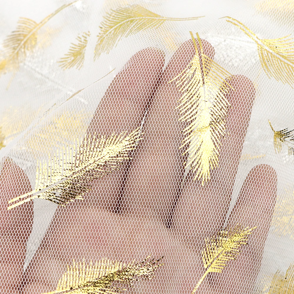 Pre-cut 1pc 59x19.68inch(150x50cm) Golden Foil Hot Stamping Rose Flower Feather Organza Fabric Hand Wash Only, Ideal