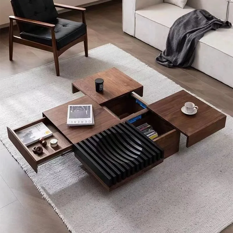 Medieval coffee table, black walnut solid wood square coffee table, small apartment living room can store goods