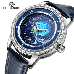 2024 FORSINING Design Earth Star Moon Set With Diamonds Genuine Belt Men Mechanical Automatic Watch Waterproof For Business