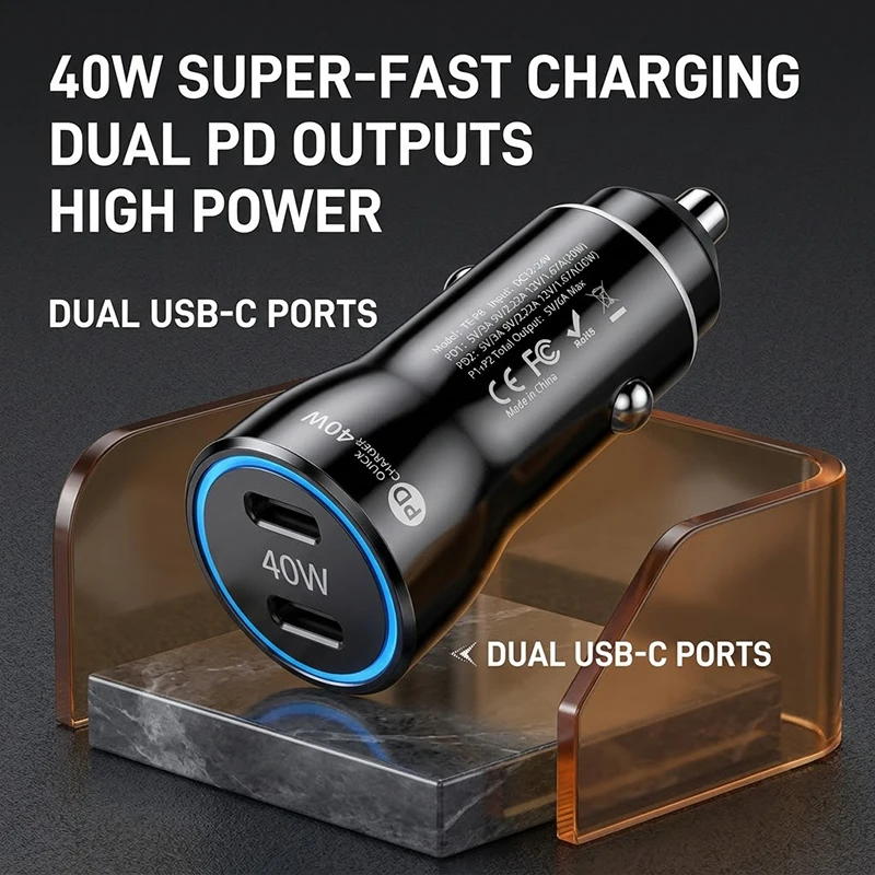 40W PD Dual Type C Vehicle Power Adapter Fast Charge Smart Chip Constant Temperature Auto Charger For Smart Phones Tablets