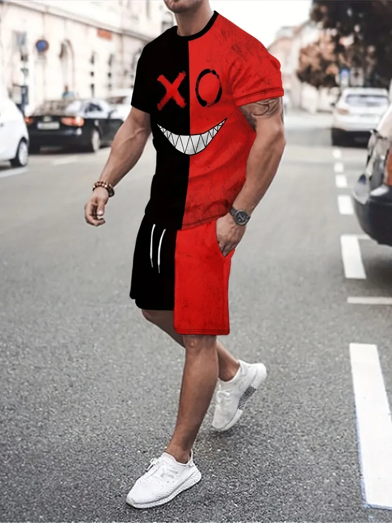 Black and Red Matching Men's Suit 2 Summer Novel Clown Smiley Face Print Short Sleeve Casual Fashion Retro Street Men Wear