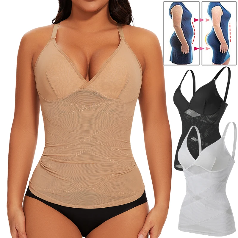 Womens Built in bra Shapewear Camisole Tummy Control Body Shaper Tank Tops Slimming Underwear Compression Corset Bustier