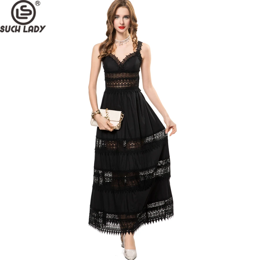 Damenkleider Spaghettiträger Schatz Spitze Patchwork Elegant Sexy Urlaub Abendkleid Lang Vestidos S-4XL