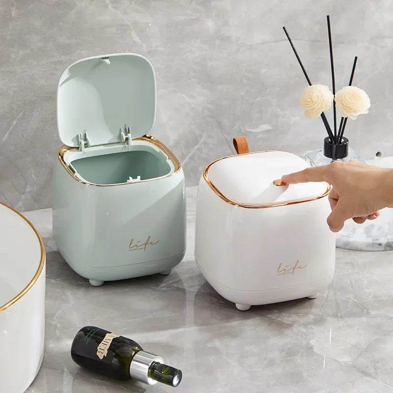 

Luxury Mini Desktop Bin Small Trash Can Double-layer Coffee Table Small Storage Bin with Flip Cover Desktop Office Organizer