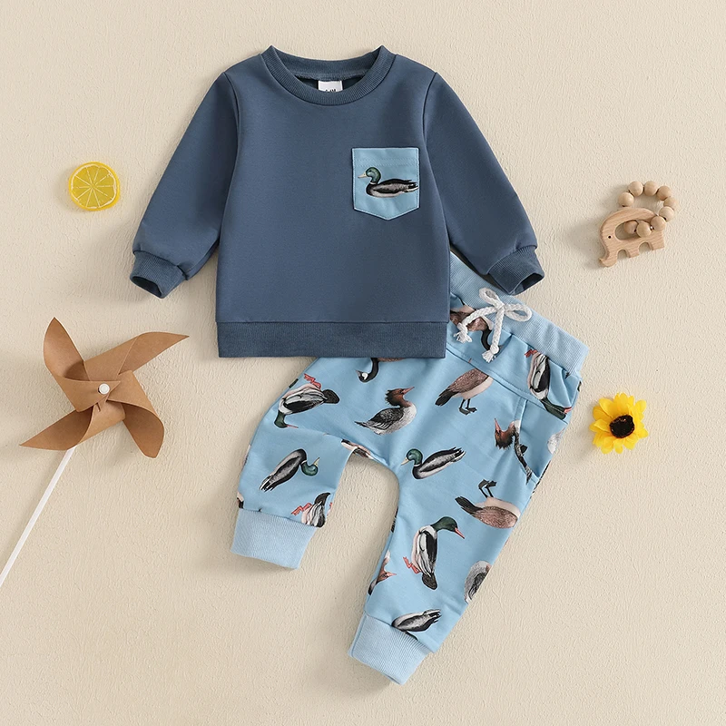 Baby Boy Fall Outfit Duck Print Long Sleeve Sweatshirt and Elastic Pants 2 Piece Jogger Clothes for Toddler