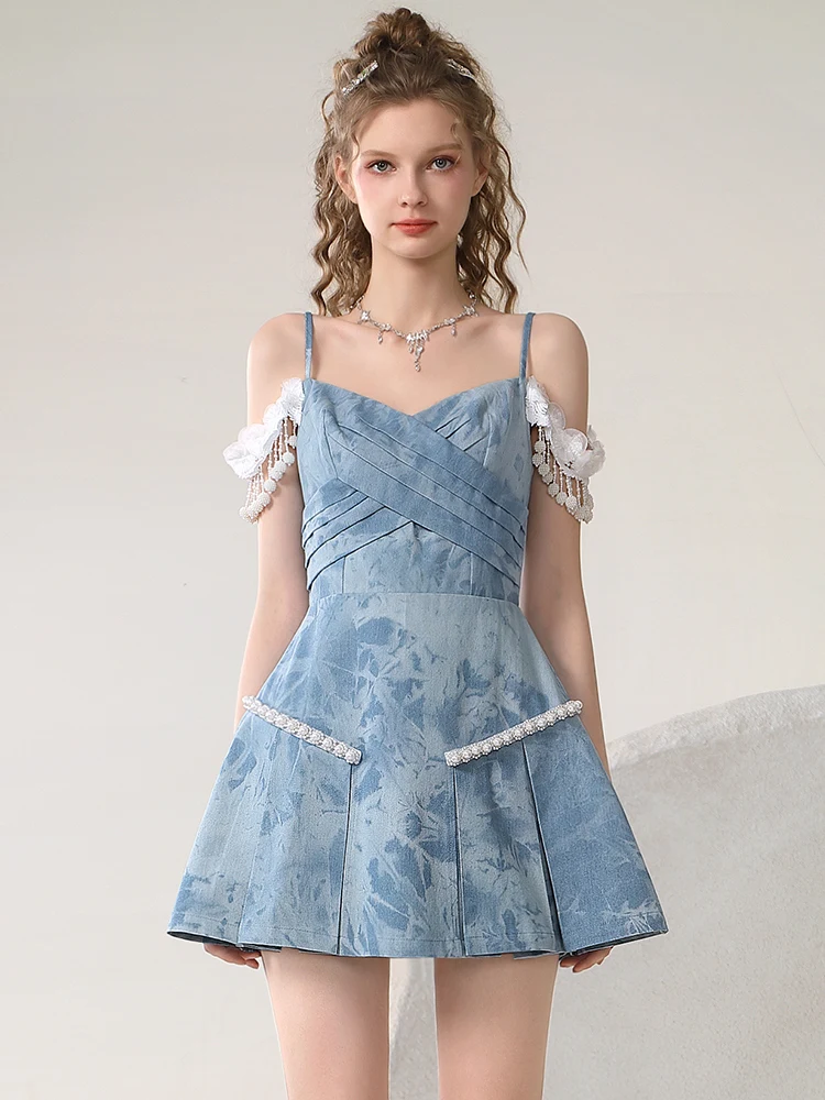 Female Temperament Romantic Sexy Suspender Dresses 2024 Summer New Refined Handmade Lace Tassel Tie-Dye Denim Braces Dress