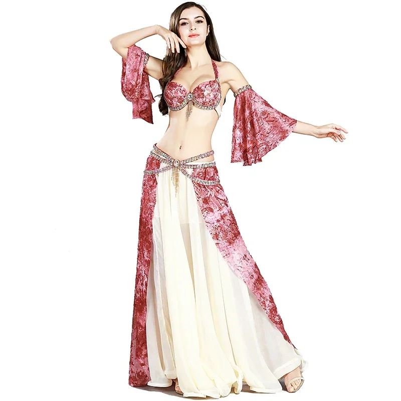 Sexy Dancing Wear Pink Belly dancing costume Women Rhinestones Belly Dance Outfit belly dancer Bra+Belt+Skirt+Arm Sleeves