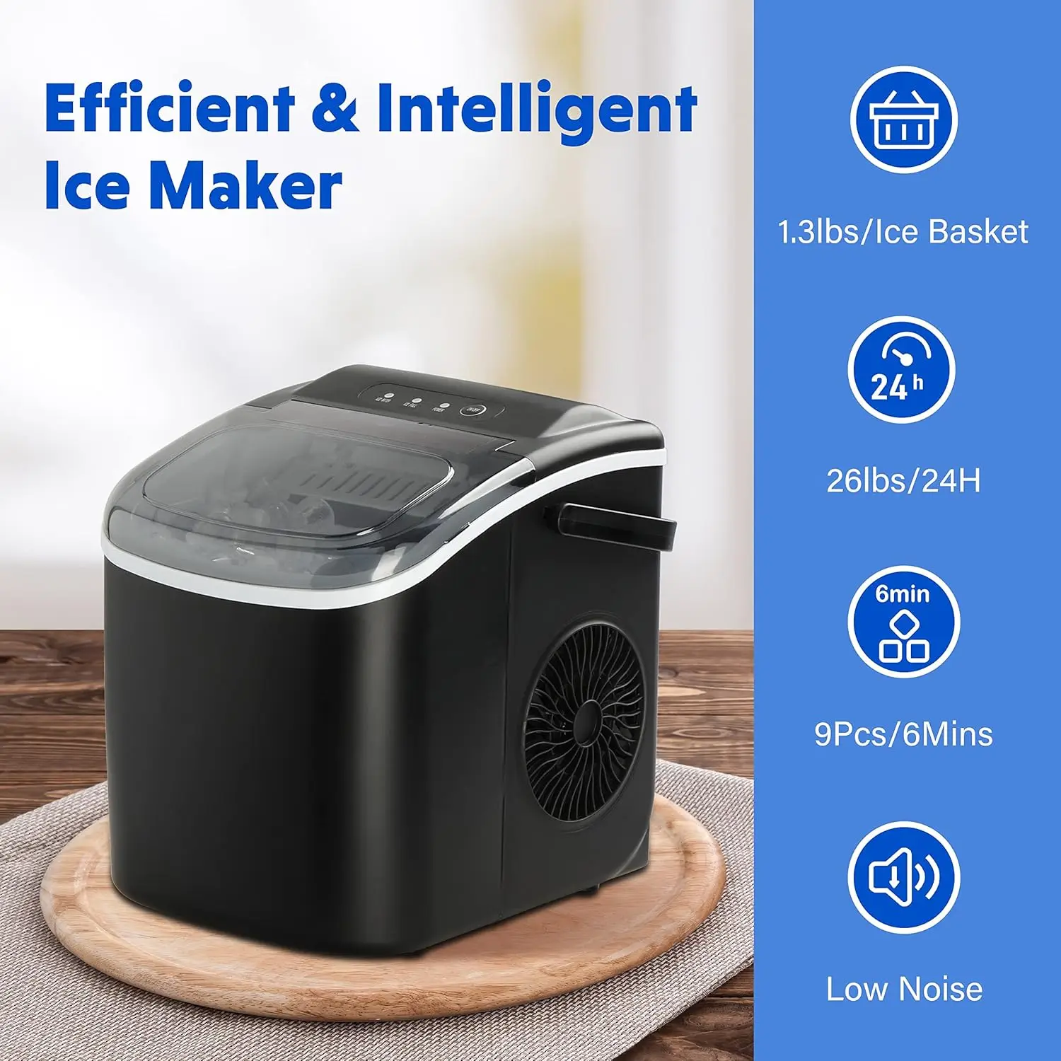 Portable Ice Maker for Countertop, 9 Ice Cubes Ready in 6 Mins, 26lbs Ice/24Hrs, with Self-Cleaning Feature Ice Spoon and Basket