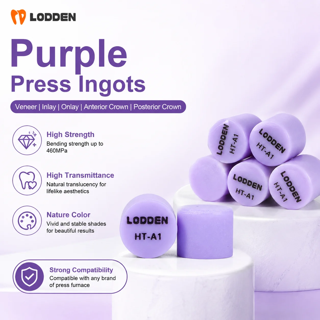 10pcs Lodden Dental Purple Press Ingots Pressing Lithium Disilicate Glass Ceramic Blocks Pressing for Ultra-thin Veneer MO/HT/LT