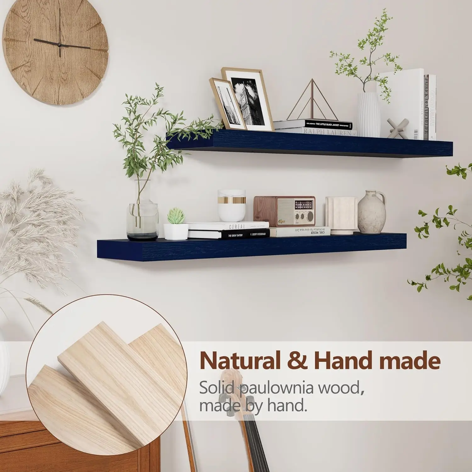 

Dark Blue Floating Shelves 36 Inch, Solid Wooden Wall Shelves Set Of 2, Rustic Floating Wall Shelves For Decor & Storage For