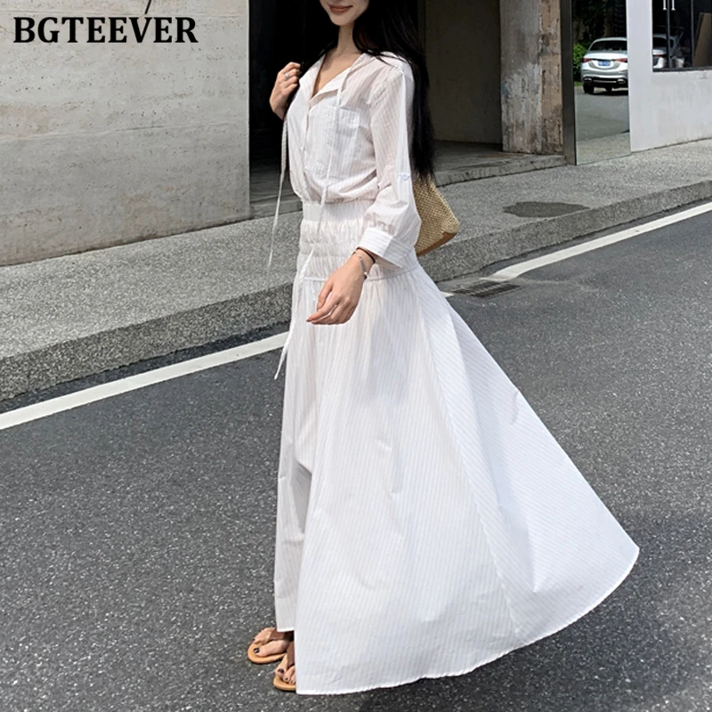 BGTEEVER スタイリッシュな女性ストライプ衣装長袖シングルブレストブラウスシャツ & A ラインスカート夏のレディース 2 点セット