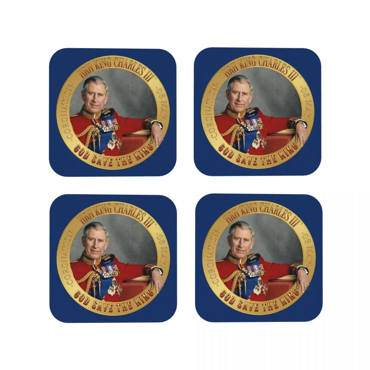 King Charles III Coronation Souvenier Coasters Kitchen Placemats Non-slip Cup Coffee Mats For Decor Home Tableware Pads Set of 4