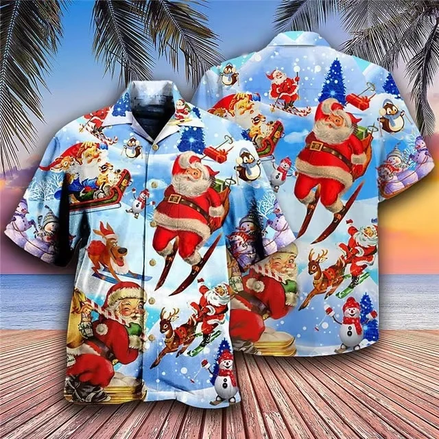 Camisa Hawaiana de Manga Corta con Cuello Camp, Estampado Gráfico Divertido de Navidad 2026, Diseño de Papá Noel en Chimenea y Escena de Nieve, Unisex y para Niños, Top Casual para Fiestas
