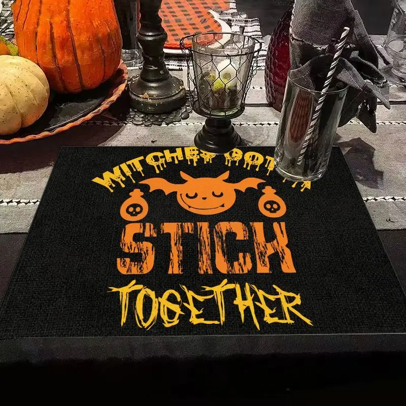 VIKAMA Witches Stick Together Halloween Placemat Linen Bat Print Table Mat Gothic Dinner Party Table Decor