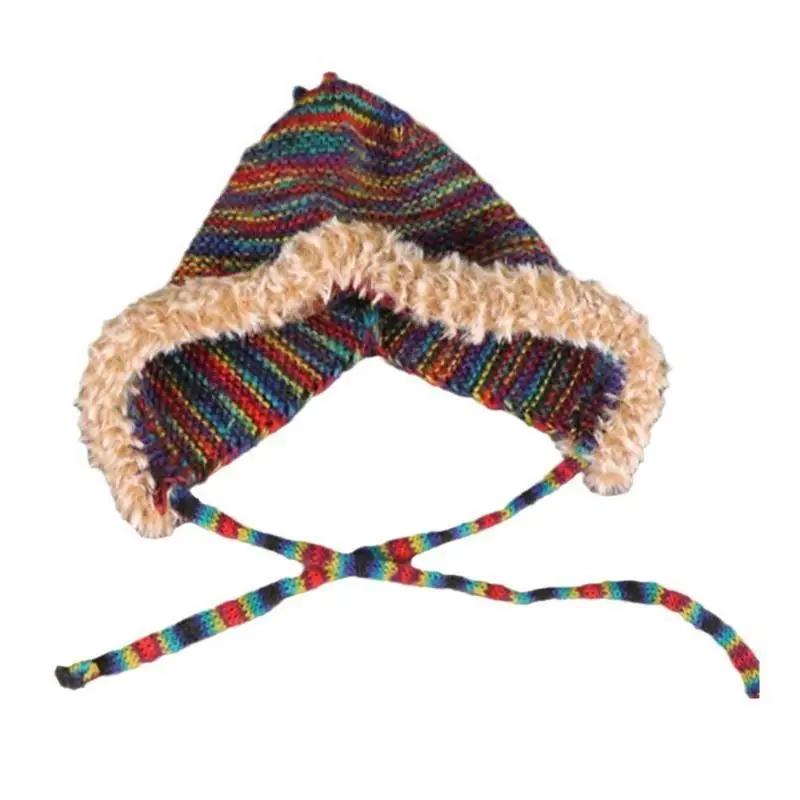 652F Rainbow Slouchy Hat for Women Knit Striped Ear Flap Beanie Hat Outdoor Sports Hat Cold Weather Windproof Warm Headdress