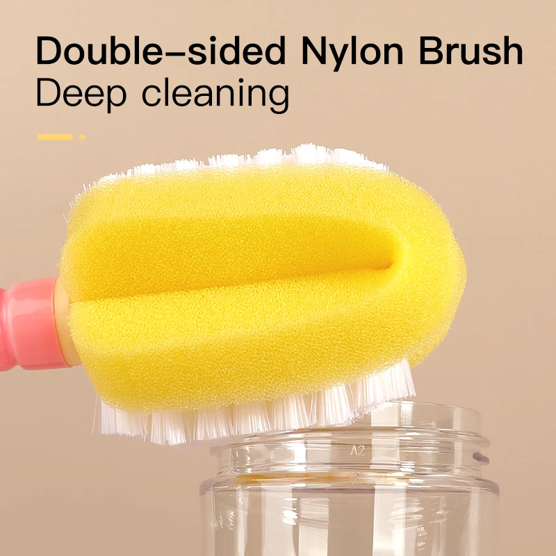 2023 New Design Nylon Sponge Baby Bottle Cleaning Brush Set Nipple Brush Feeding Bottle Cleaner Tools 2 in 1