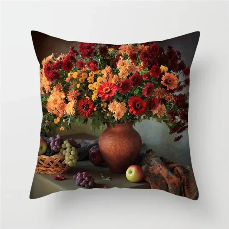 Floral Chrysanthemum Print Polyester Cushion Cover Sunflower Rose Decorative Decorative Flower Pillowcase for Home Decor 45X45CM