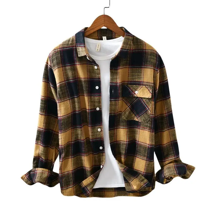 High Street New Spring Autumn Men's Cotton 100% Plain Pocket Shirt Long Sleeve Slim Fit Casual For Men Turn-down Collar Clothing