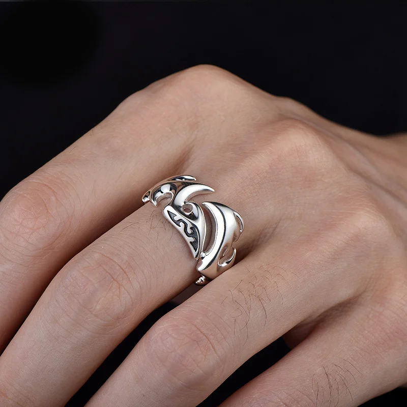 Vintage 925 Silver Ring Men's Fashion Hip Hop Personality Flame Dragon Claw Ring Male Index Finger Thumb Accessories Adjustable