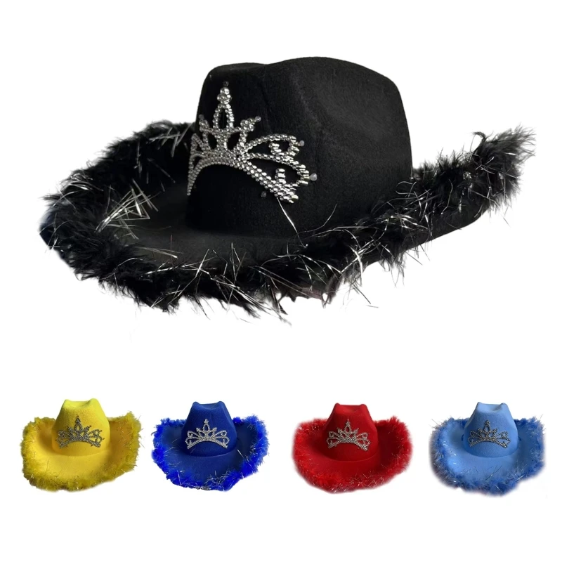 Rhinestones Cowboy Hats Woman Music Festivals Cowboy Hats with Plush Trim Drop Shipping