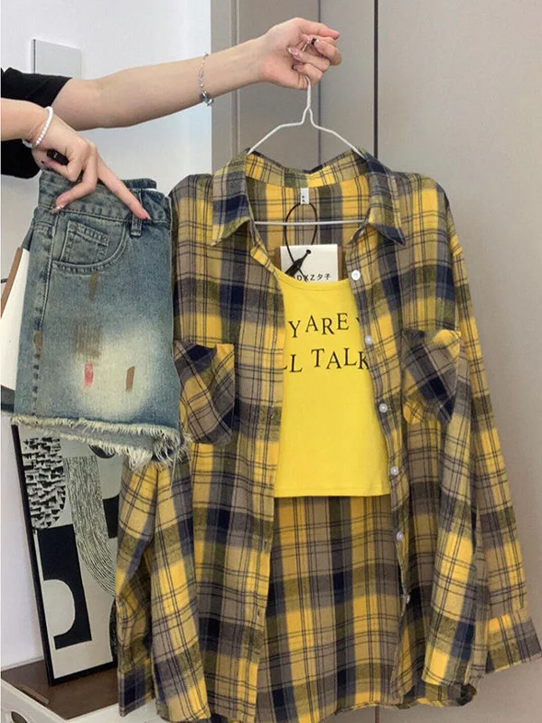 

plus Size 300 Pou Women's Plaid Loose Long Sve irt Spring Summer New Sle Korean Sle Commute Wind Outerwear Top